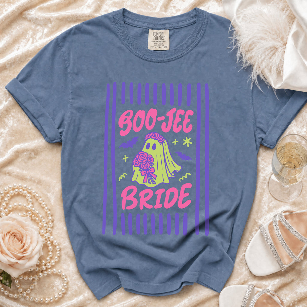 Blue t-shirt with "Boo-Jee Bride" text and ghost graphic.