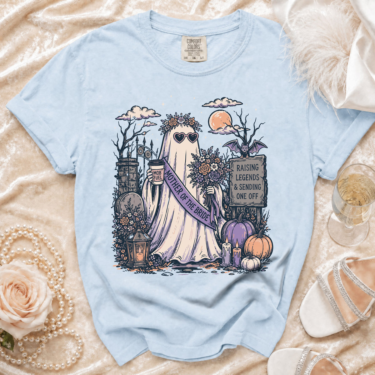 Ghost wearing "Mother of the Bride" sash and sunglasses, holding coffee.