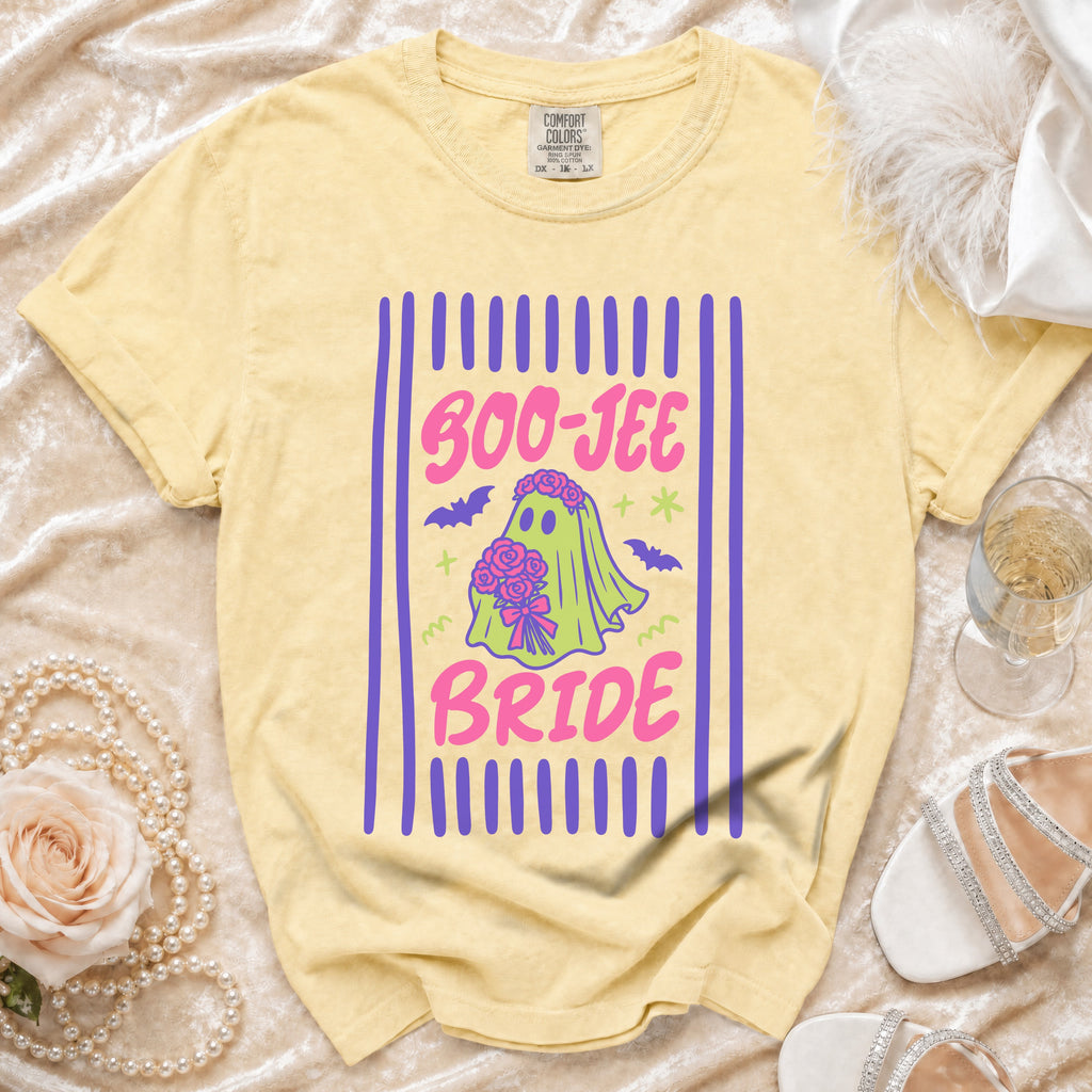 Yellow t-shirt with "Boo-Jee Bride" graphic featuring a ghost bride holding flowers.