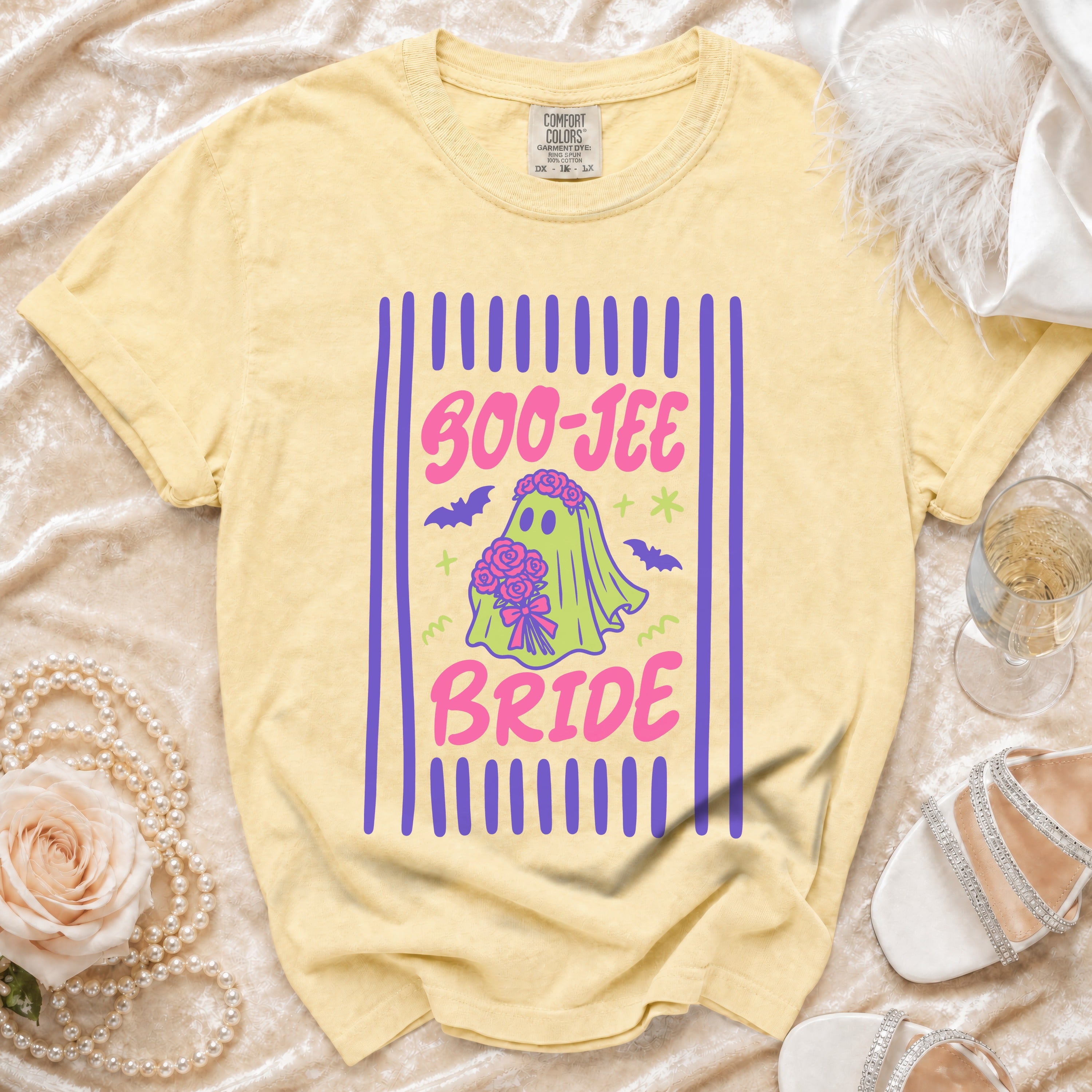 Yellow t-shirt with "Boo-Jee Bride" graphic featuring a ghost bride holding flowers.
