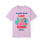 Pink flamingo pool float with tropical leaves, text reads "Sarah's Bach Last Splash Malibu, CA Summer 2023".