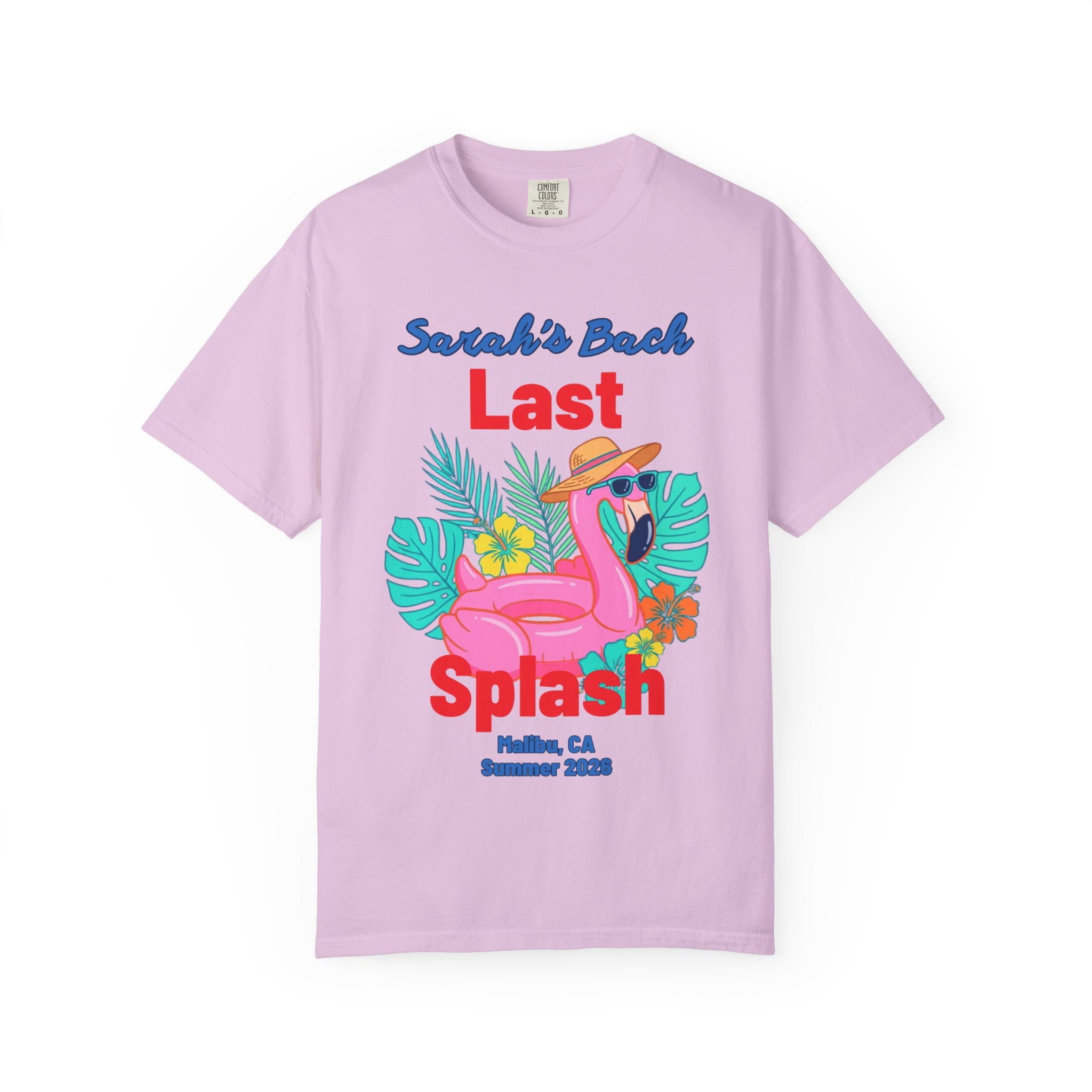 Pink flamingo pool float with tropical leaves, text reads "Sarah's Bach Last Splash Malibu, CA Summer 2023".