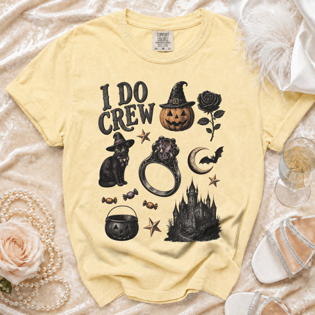 Yellow t-shirt with "I DO CREW" text and Halloween-themed graphics.