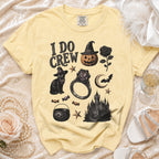 Yellow t-shirt with "I DO CREW" text and Halloween-themed graphics.