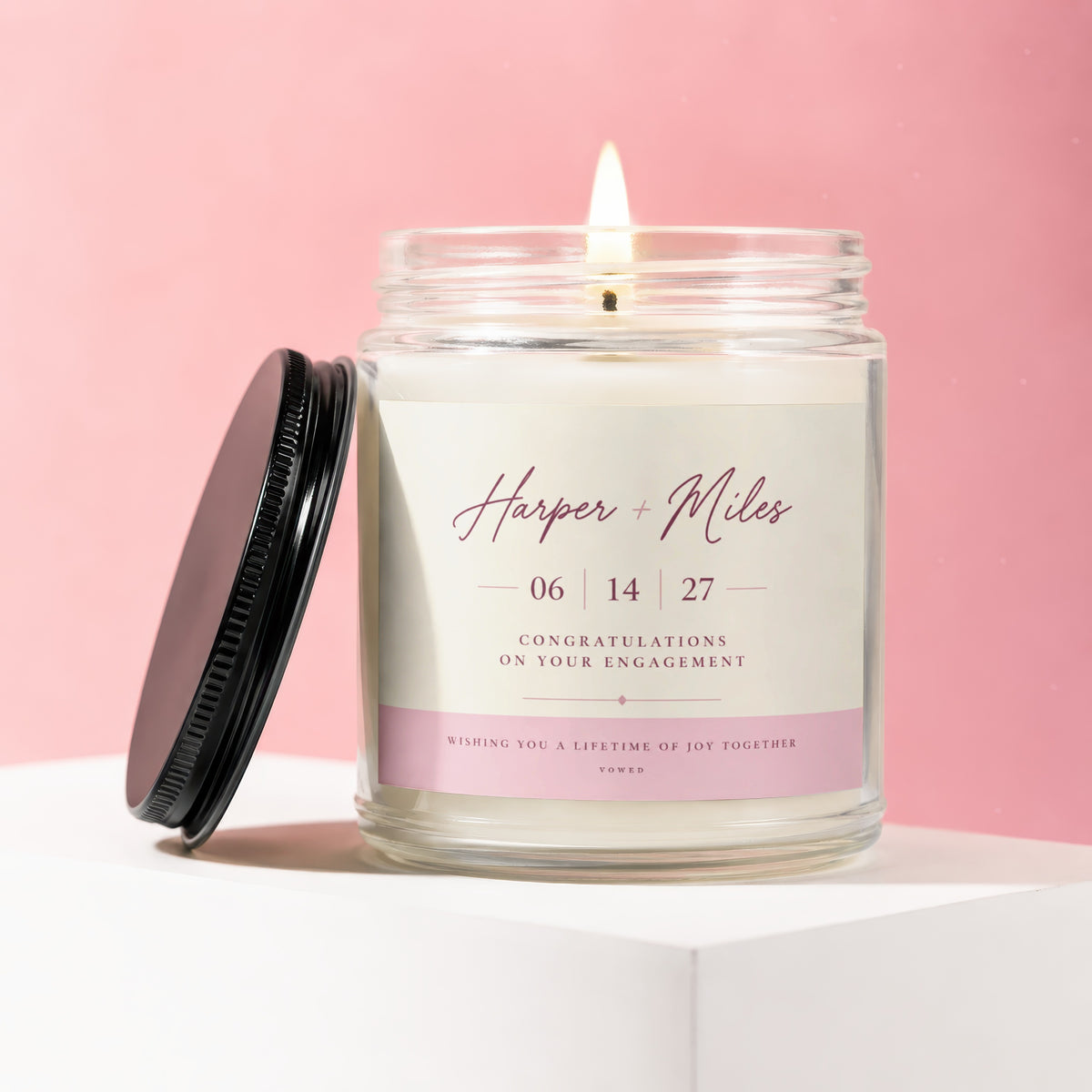 Engagement candle for Harper and Miles, dated 06/14/27.