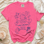 Pink t-shirt with "Last Splash" and duck illustrations for Sarah's Bach, Malibu, CA, Summer 2026.