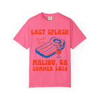Pink t-shirt with "Last Splash Sarah's Bach Malibu, CA Summer 2026" and pool float.