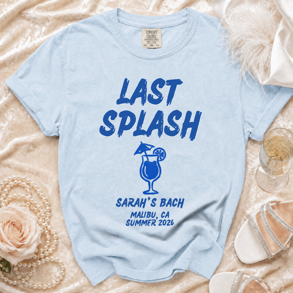 Light blue t-shirt with "Last Splash" and bachelorette party details.