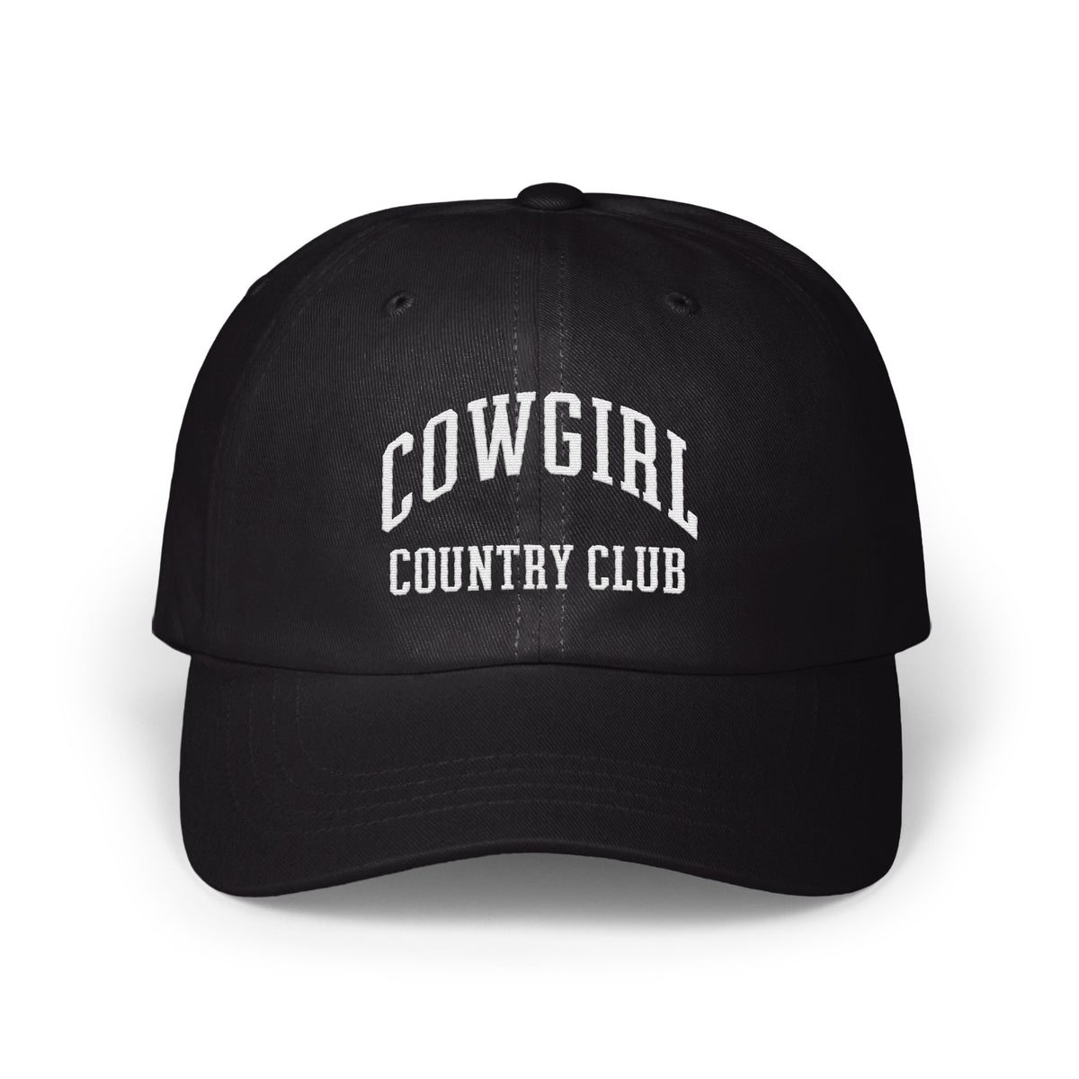 A black baseball cap with white embroidered text reading COWGIRL COUNTRY CLUB centered on the front panels.