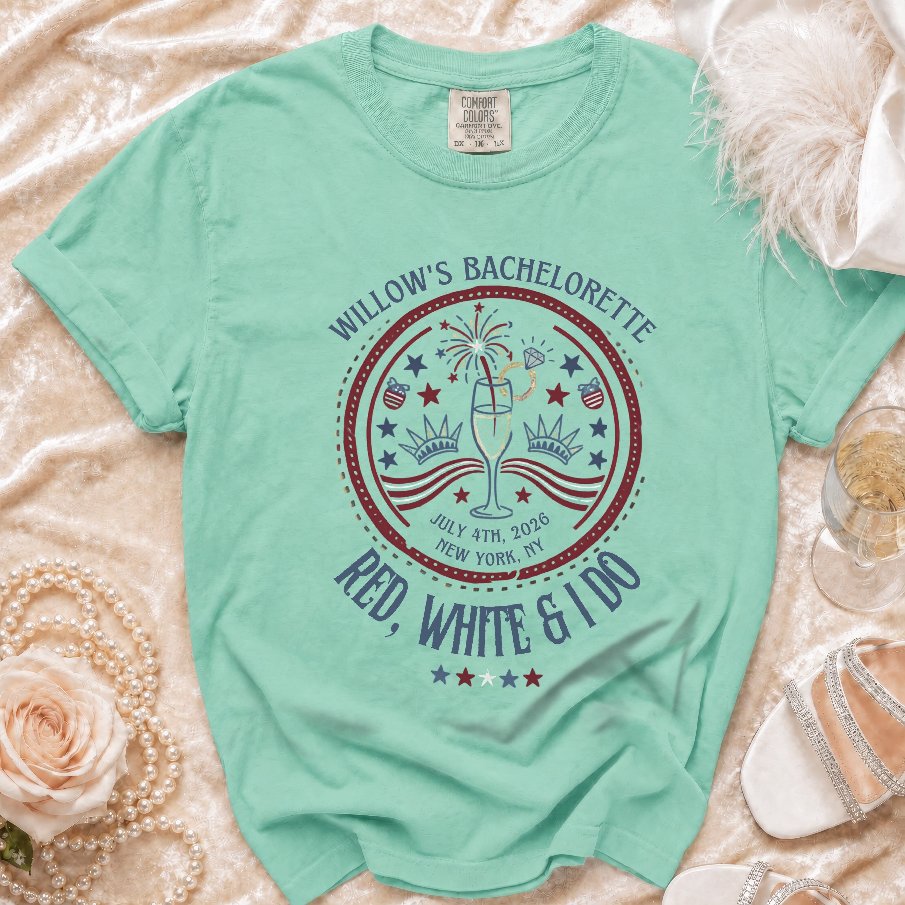 Mint green t-shirt with "Willow's Bachelorette" and "Red, White & I Do" text.