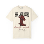 Cream t-shirt with "Her Last Rodeo" text, cowboy boot, and "Jennifer's Bach Nashville, TN Summer 2026".