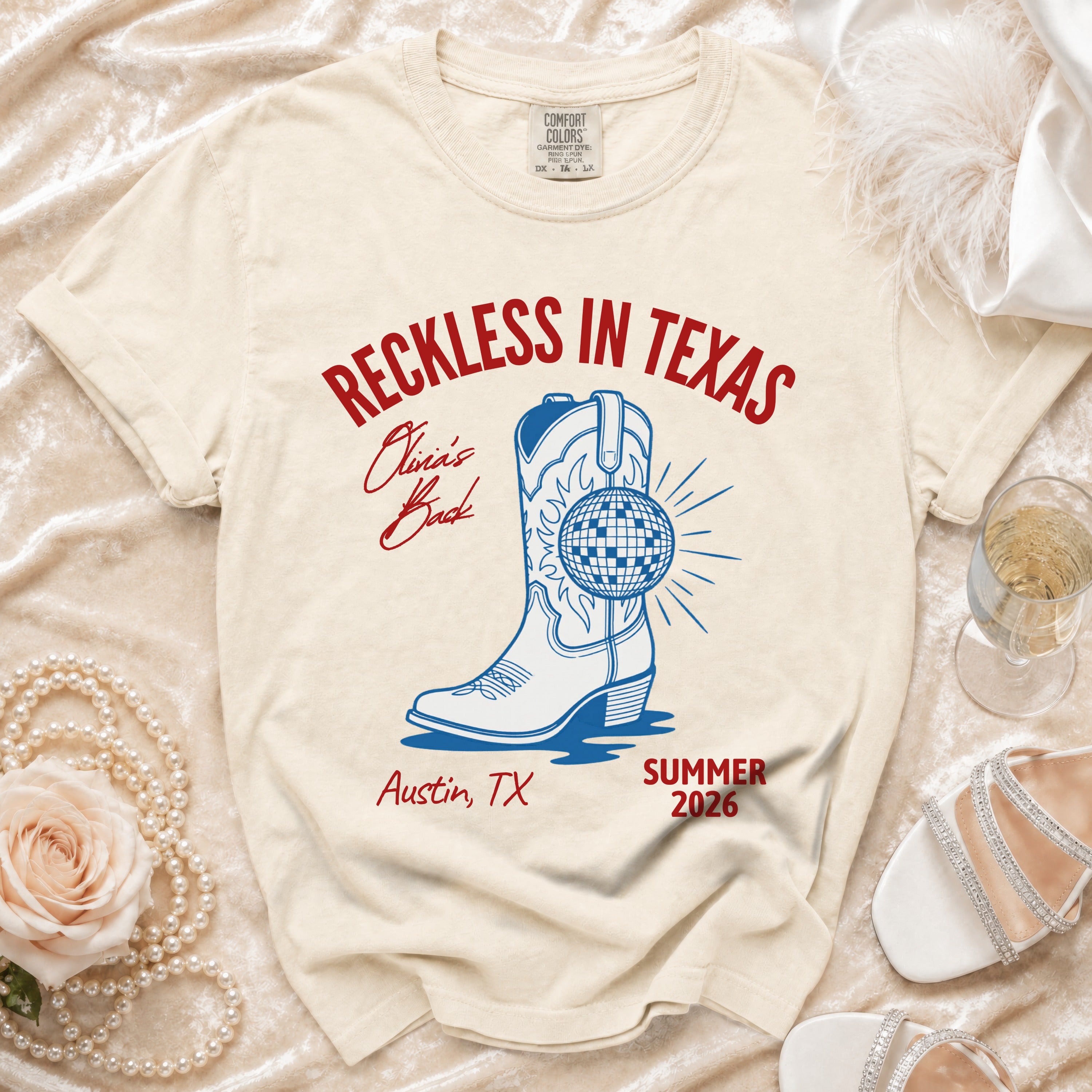 T-shirt with "Reckless in Texas" and boot graphic, Austin, TX, Summer 2026.