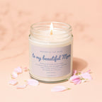 Candle for Mother of the Bride reading "to my beautiful Mom" with handwritten message.