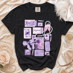 Black t-shirt with purple honeymooning inspired graphics including tickets and vintage postcards.