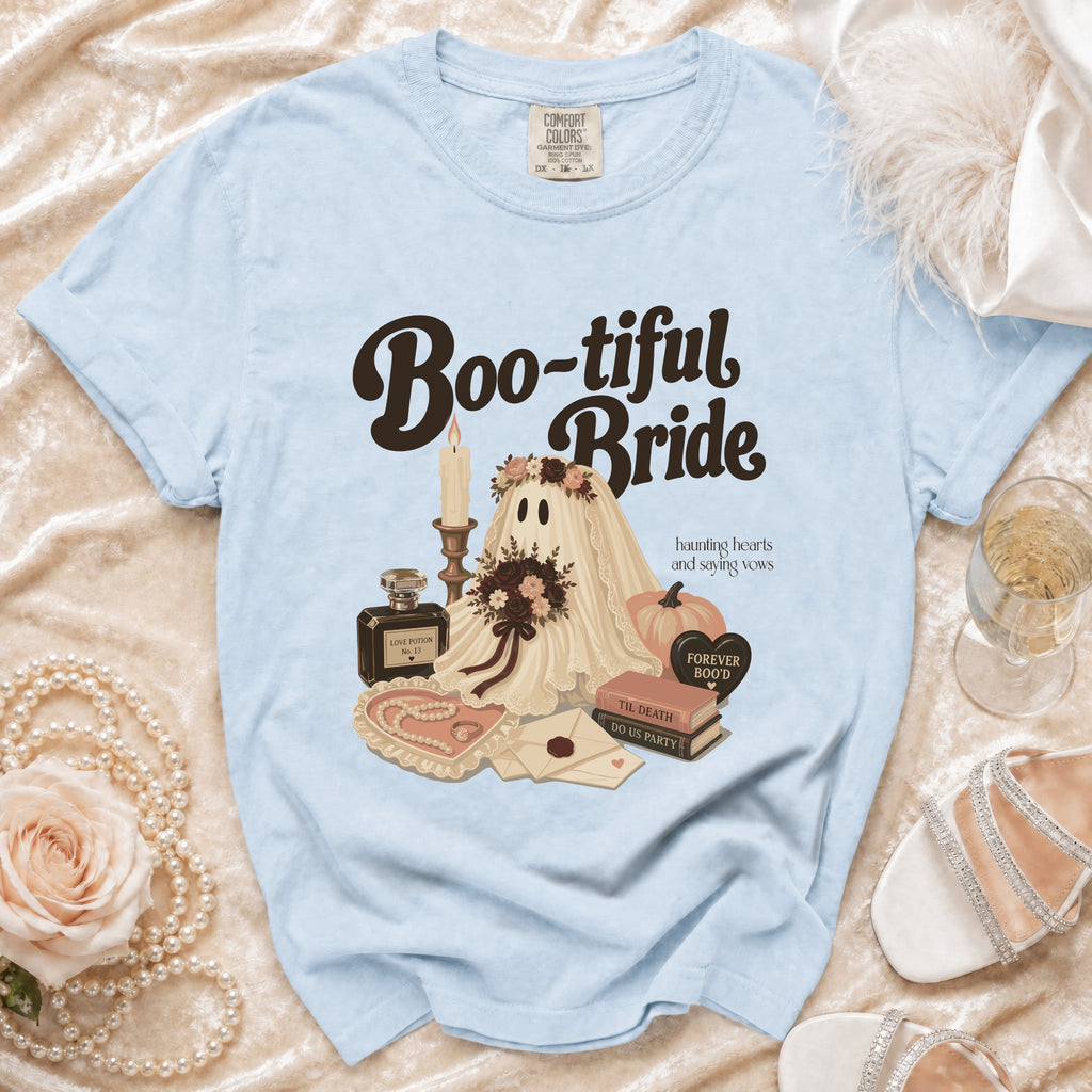 Light blue t-shirt with "Boo-tiful Bride" text and ghost graphic.