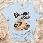 Light blue t-shirt with "Boo-tiful Bride" text and ghost graphic.