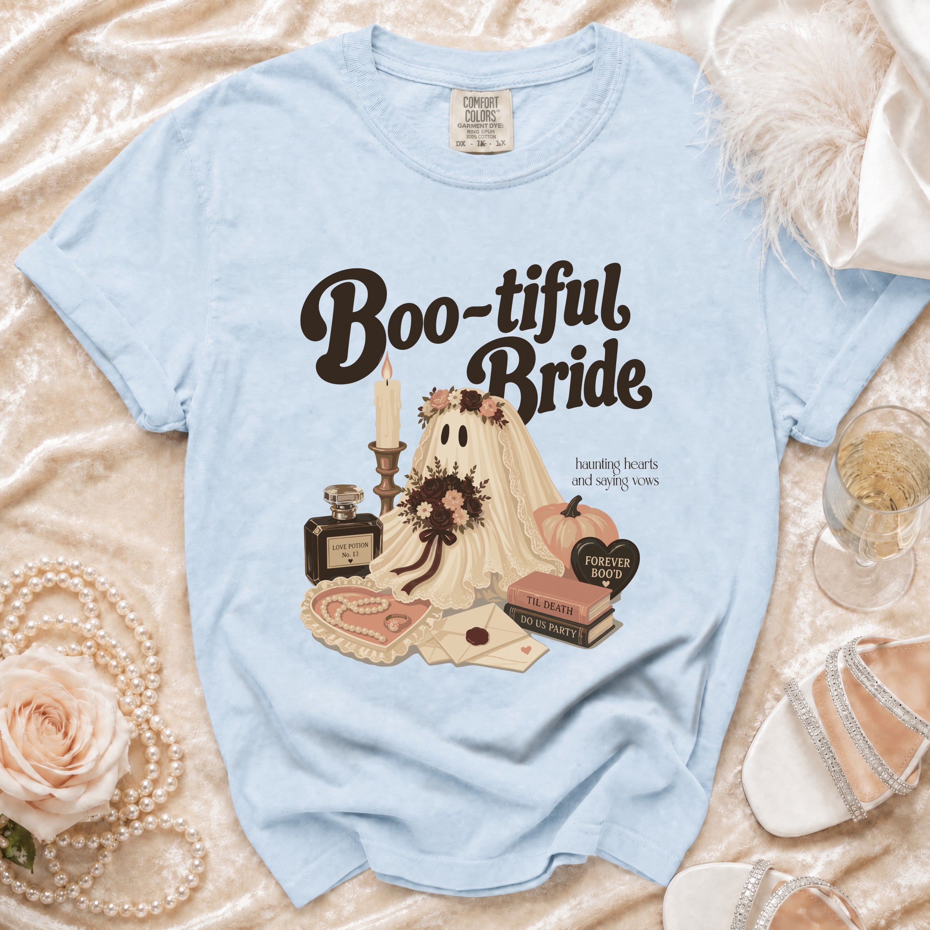 Light blue t-shirt with "Boo-tiful Bride" text and ghost graphic.