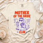 T-shirt with "Mother of the Bride Club" text and ghost graphic holding a pumpkin drink.
