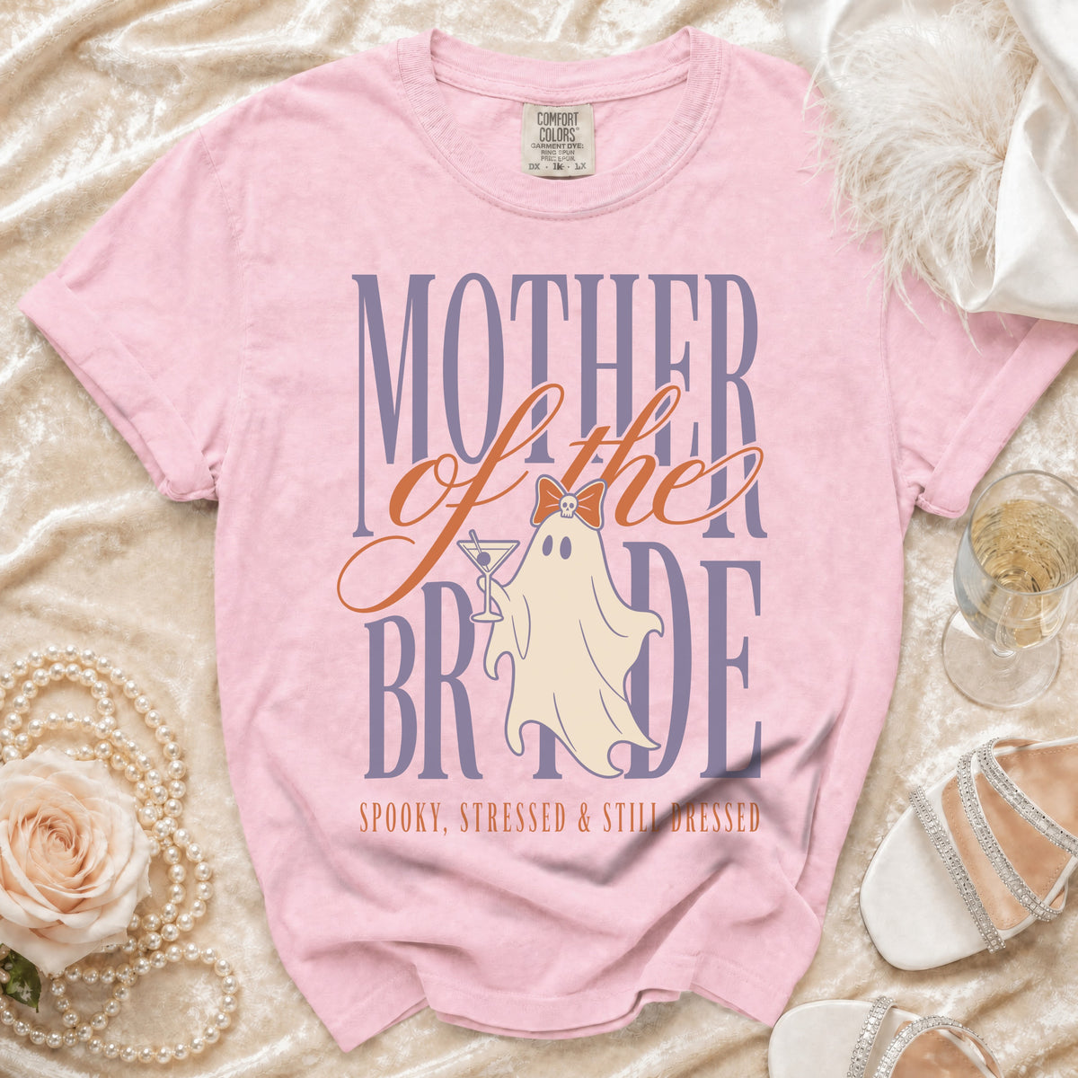 Pink t-shirt with "Mother of the Bride" text and a ghost.