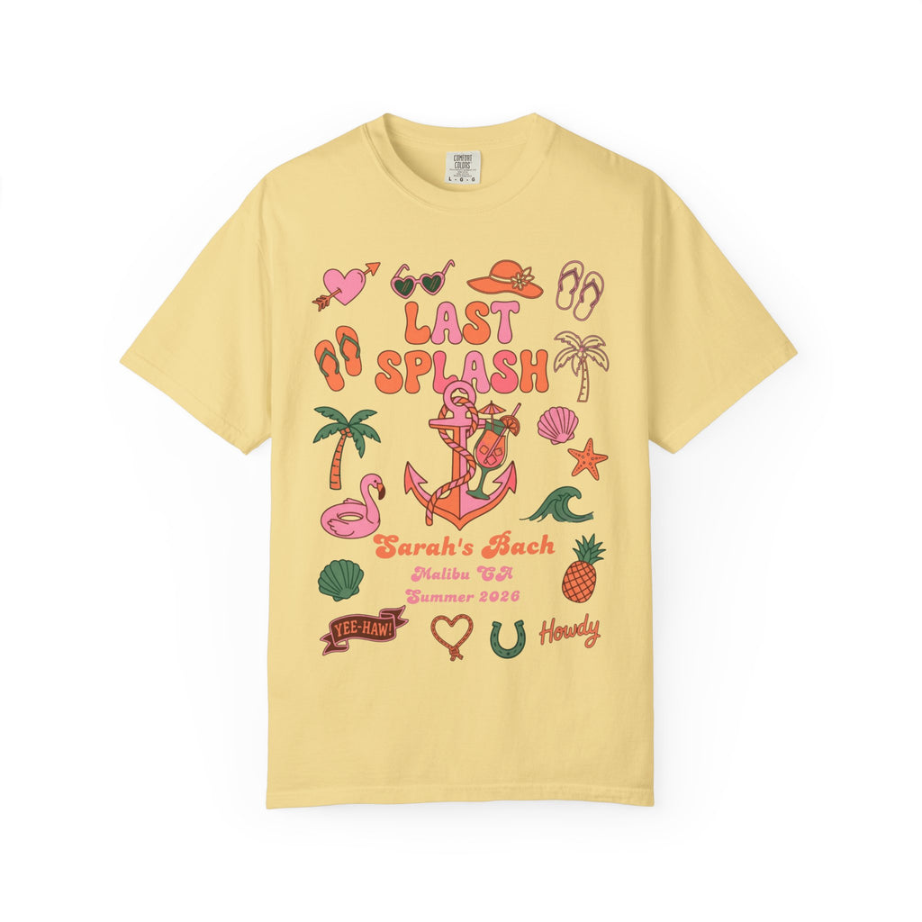 Yellow t-shirt with "Sarah's Bach" and "Last Splash Malibu CA Summer 2026" graphics.