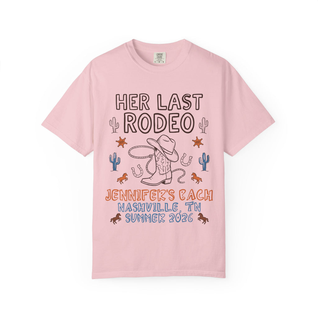 Pink t-shirt with "Her Last Rodeo" and bachelorette text design.