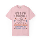 Pink t-shirt with "Her Last Rodeo" and bachelorette text design.