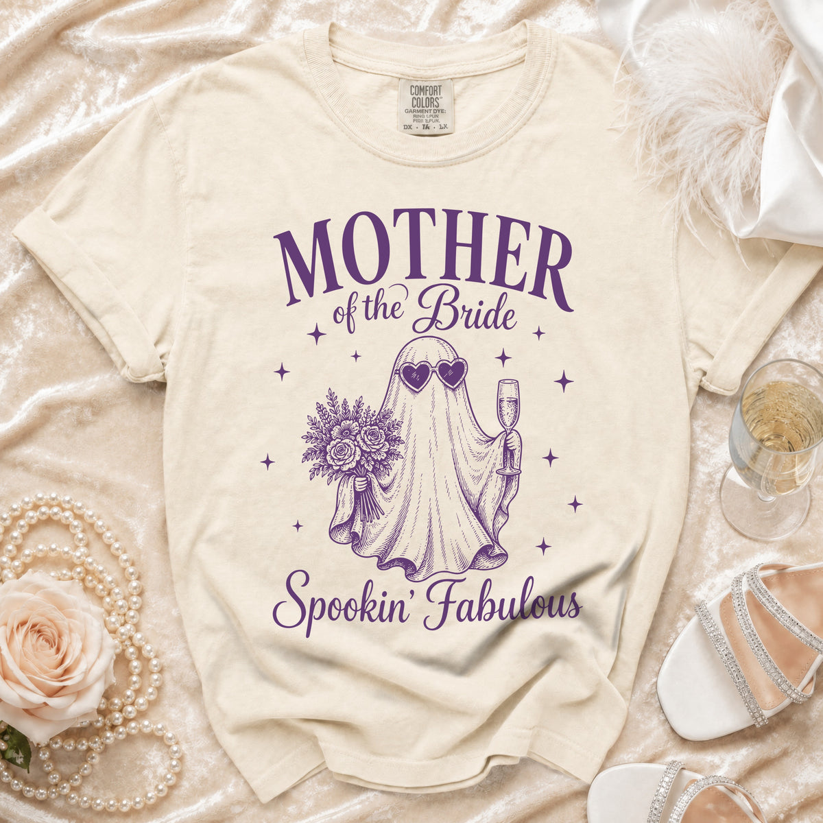 Cream t-shirt with "Mother of the Bride" and ghost graphic saying "Spookin' Fabulous".