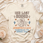 T-shirt with "Her Last Rodeo Jennifer's Bach Nashville TN Summer 2026" text and cowboy elements.