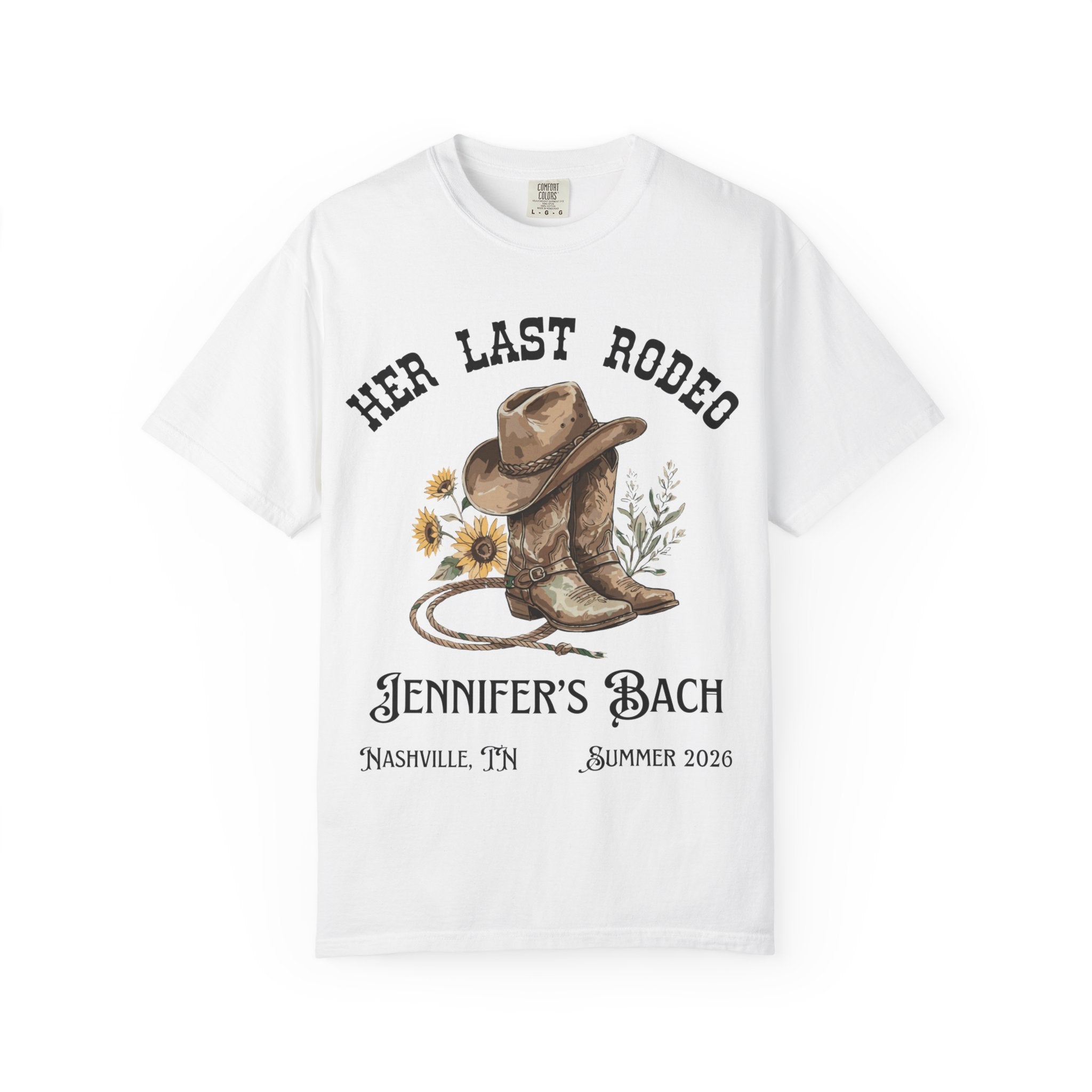 White t-shirt with "Her Last Rodeo" text, cowboy boots, and flowers.
