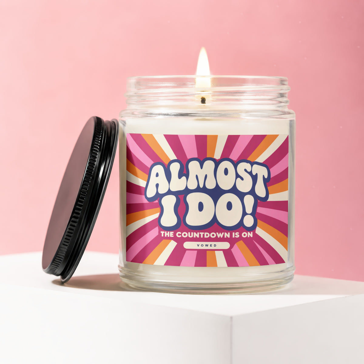 Scented candle with "Almost I Do! The Countdown is On" text.