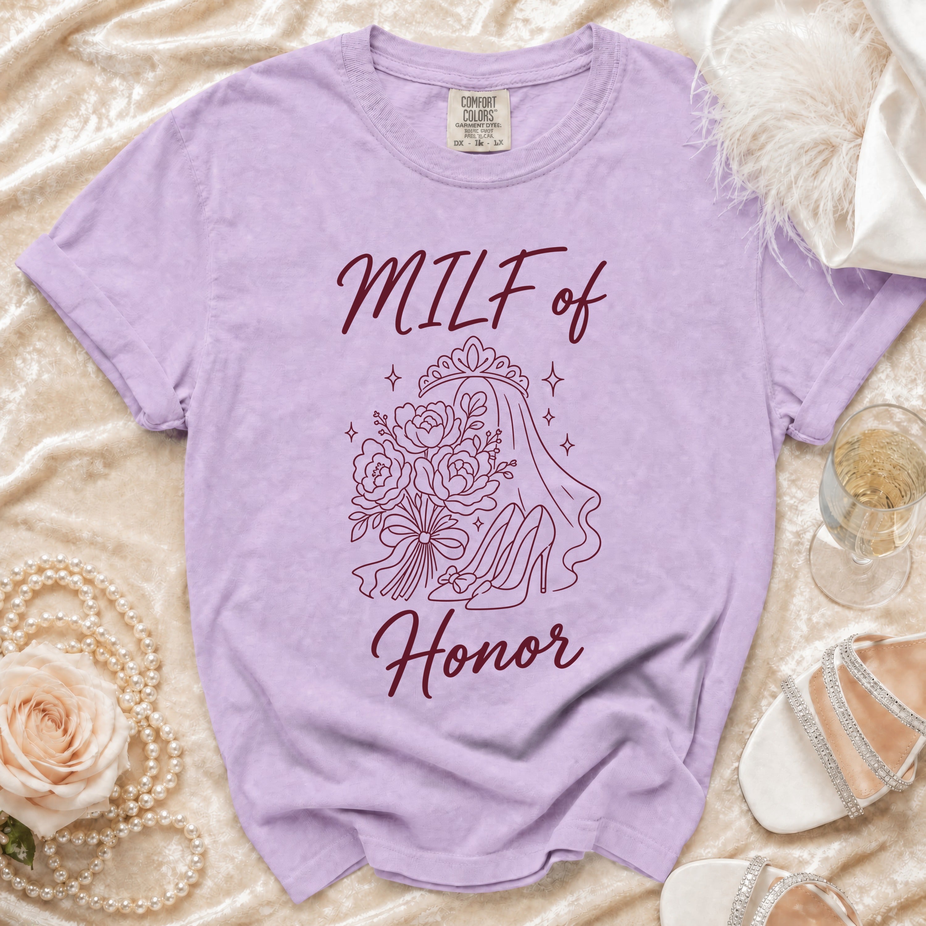 Lilac t-shirt with "MILF of Honor" text and floral bridal design.