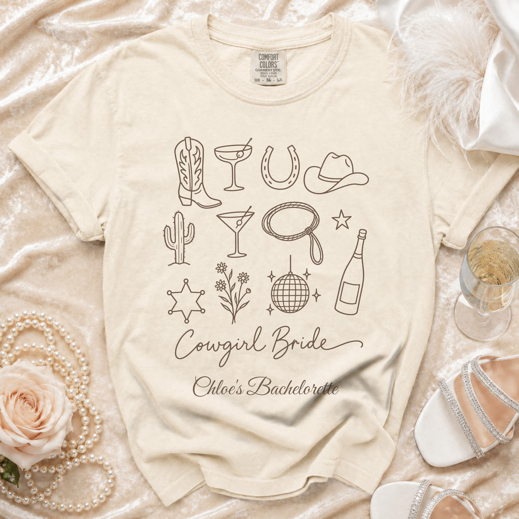 Beige t-shirt featuring brown line art icons and the text Cowgirl Bride Chloe's Bachelorette.