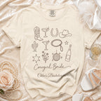 Beige t-shirt featuring brown line art icons and the text Cowgirl Bride Chloe's Bachelorette.