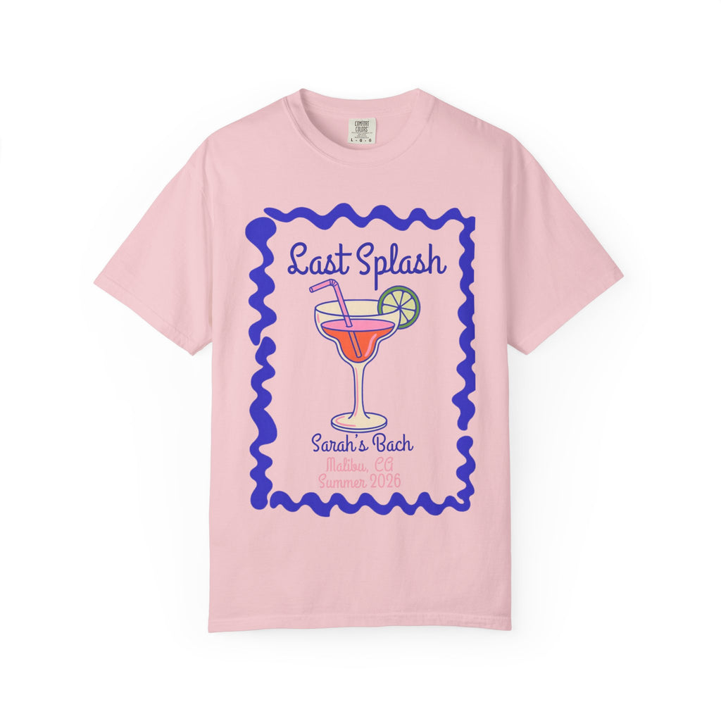Pink t-shirt with "Last Splash" cocktail design for Sarah's Bach.