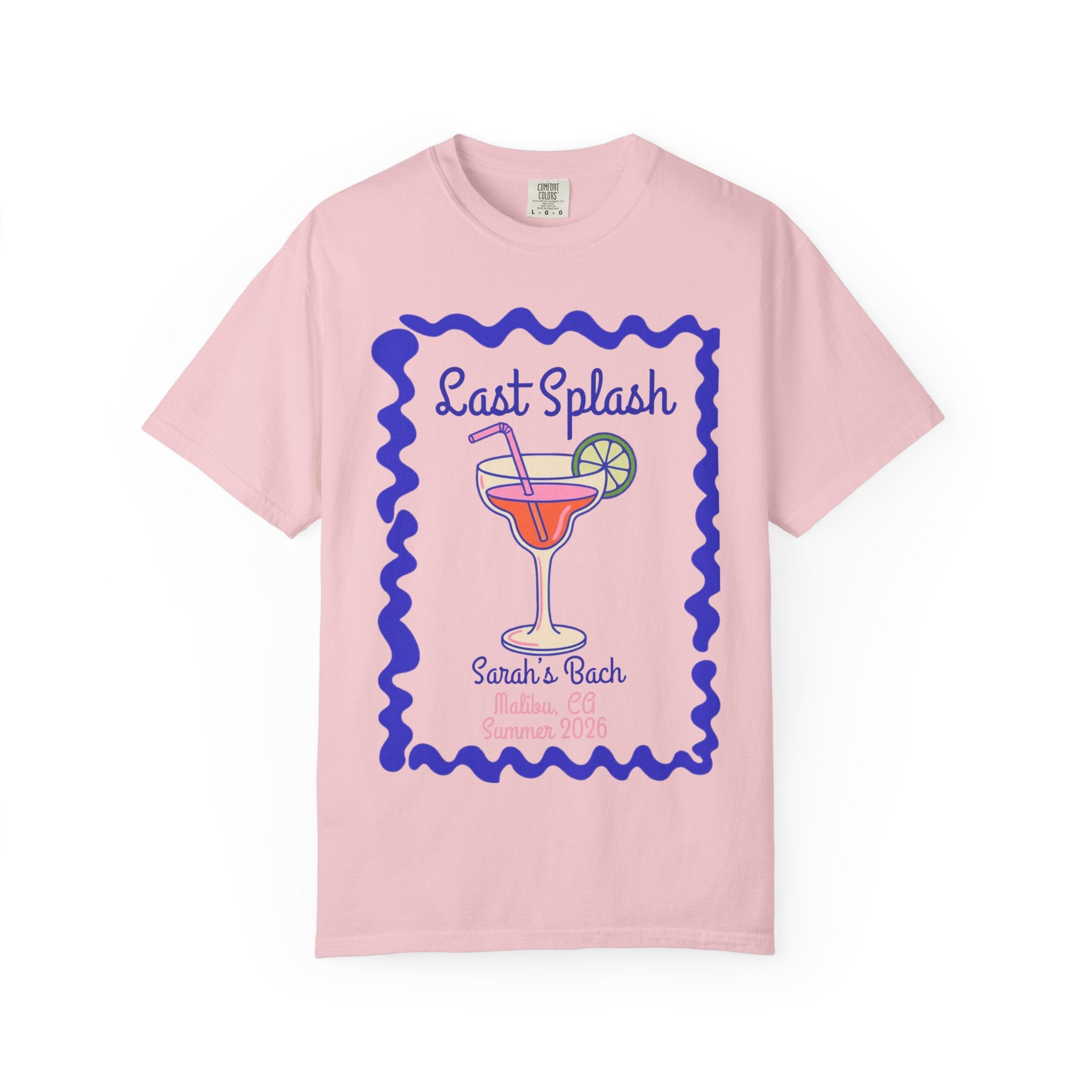 Pink t-shirt with "Last Splash" cocktail design for Sarah's Bach.