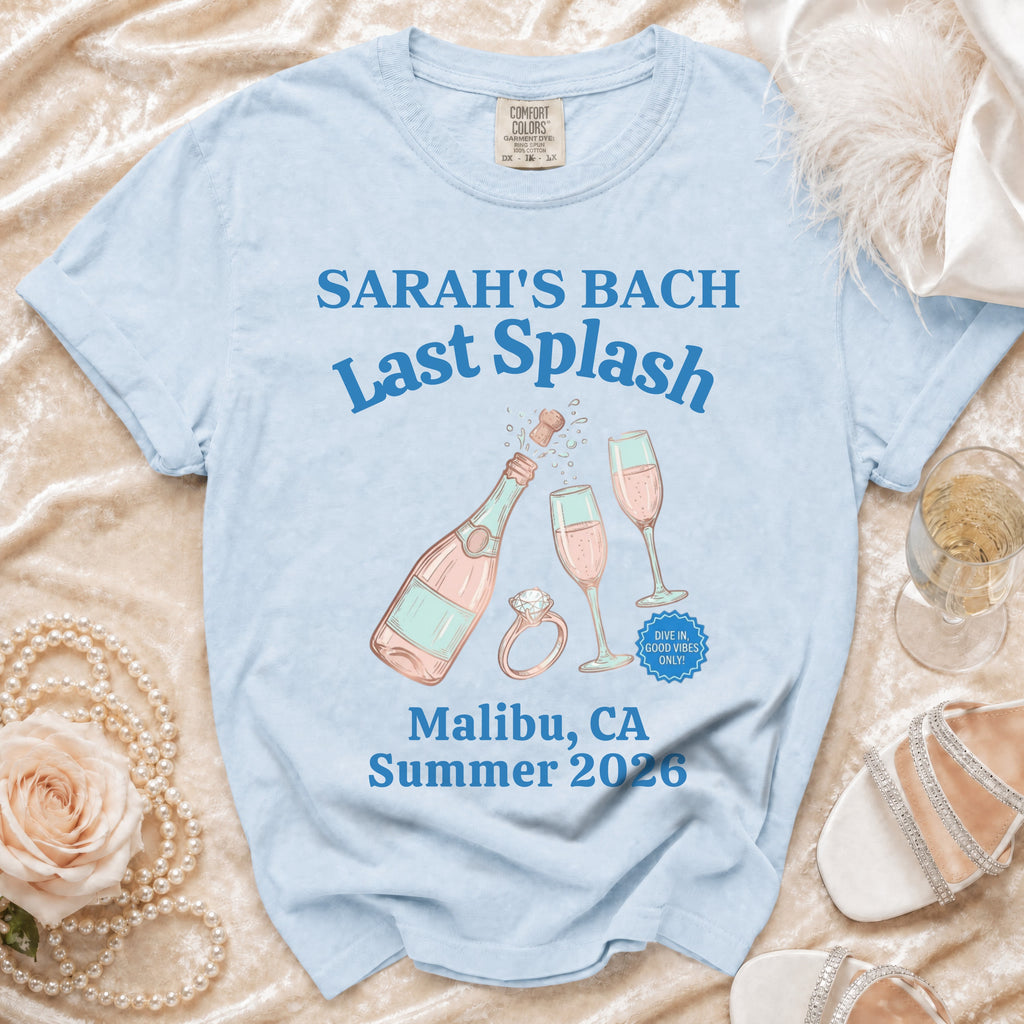 Light blue t-shirt with "Sarah's Bach Last Splash" and Malibu summer 2026 details.