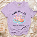 "Last Splash" bachelorette t-shirt with flamingo, pool, and text.