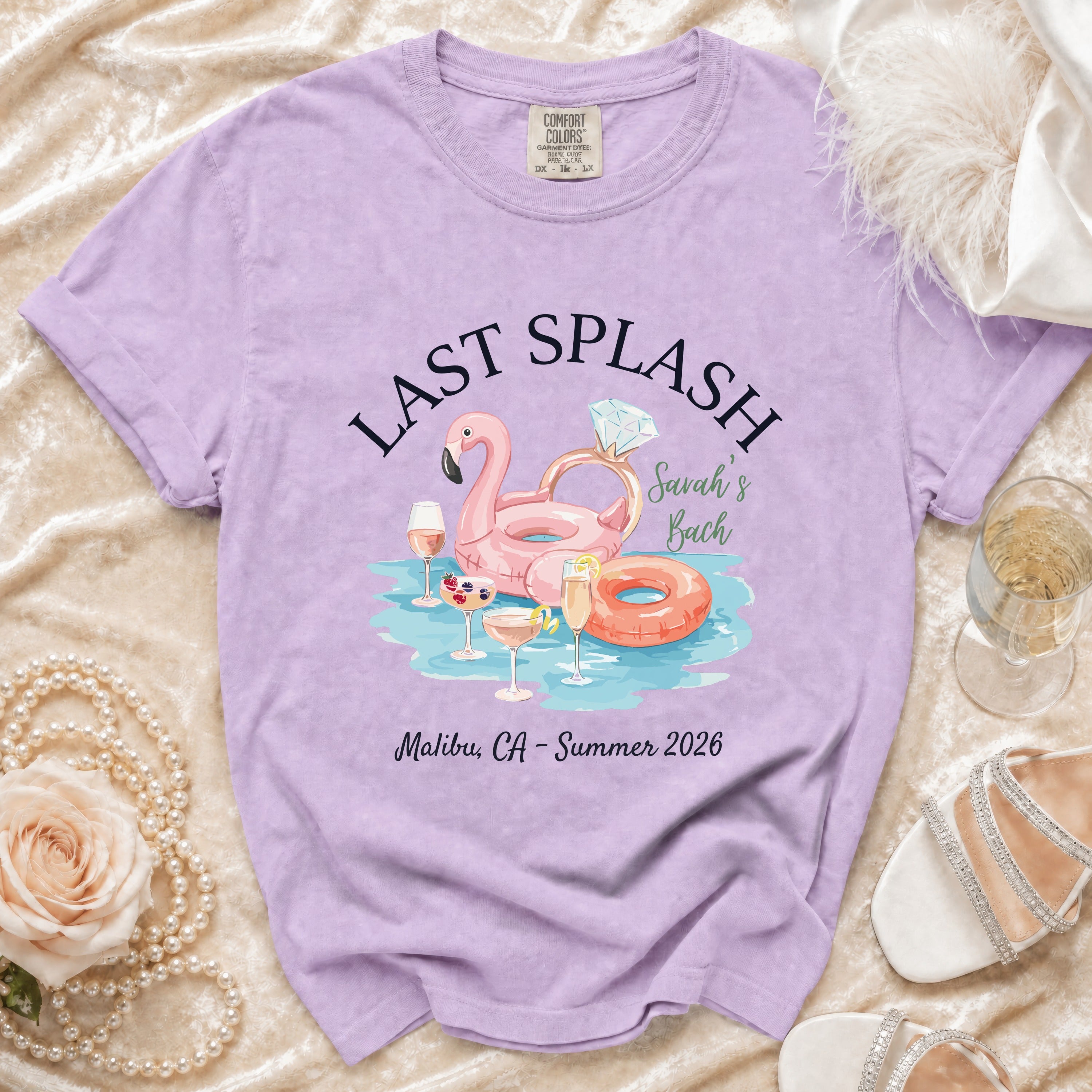 "Last Splash" bachelorette t-shirt with flamingo, pool, and text.
