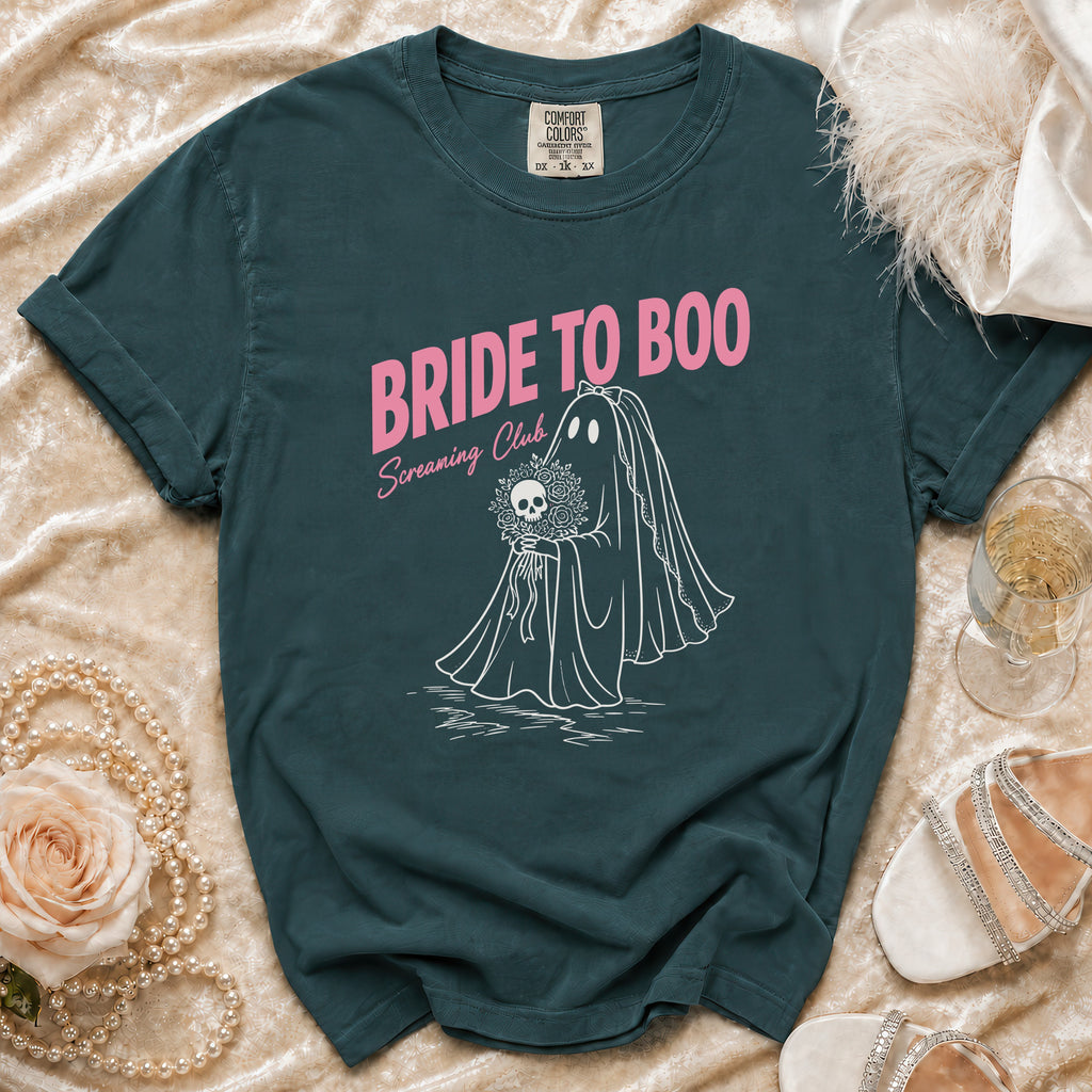 T-shirt with "Bride to Boo Screaming Club" text and a ghost bride holding a skull bouquet.