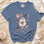 Blue t-shirt with ghost, pumpkins, and wedding ring graphic saying "Til Death Do Us Party."