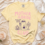Yellow t-shirt with "Mother of the Bride" and a ghost theme graphic.