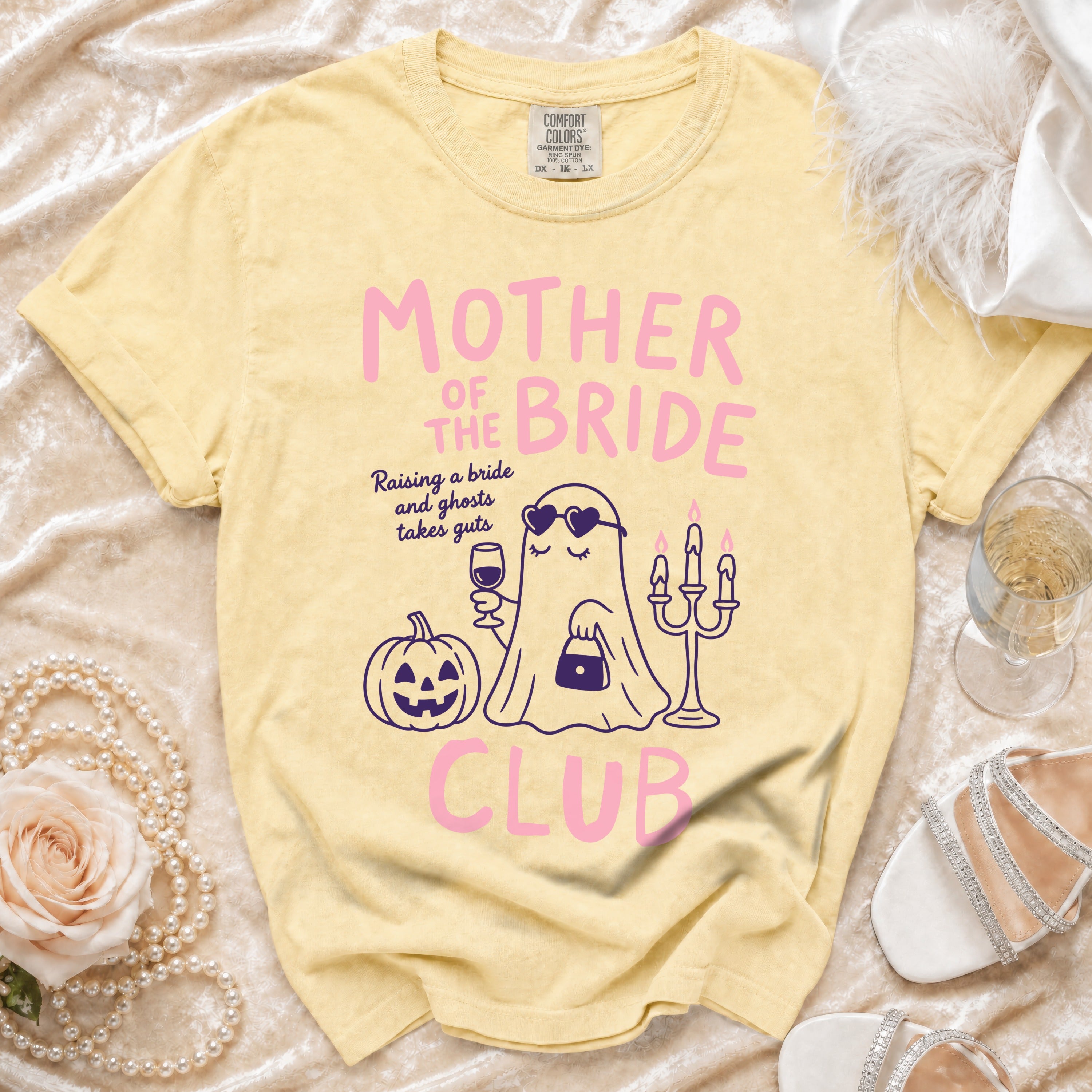 Yellow t-shirt with "Mother of the Bride" and a ghost theme graphic.