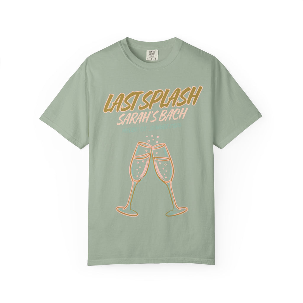Sage green t-shirt with "LAST SPLASH SARAH'S BACH" and champagne glasses.