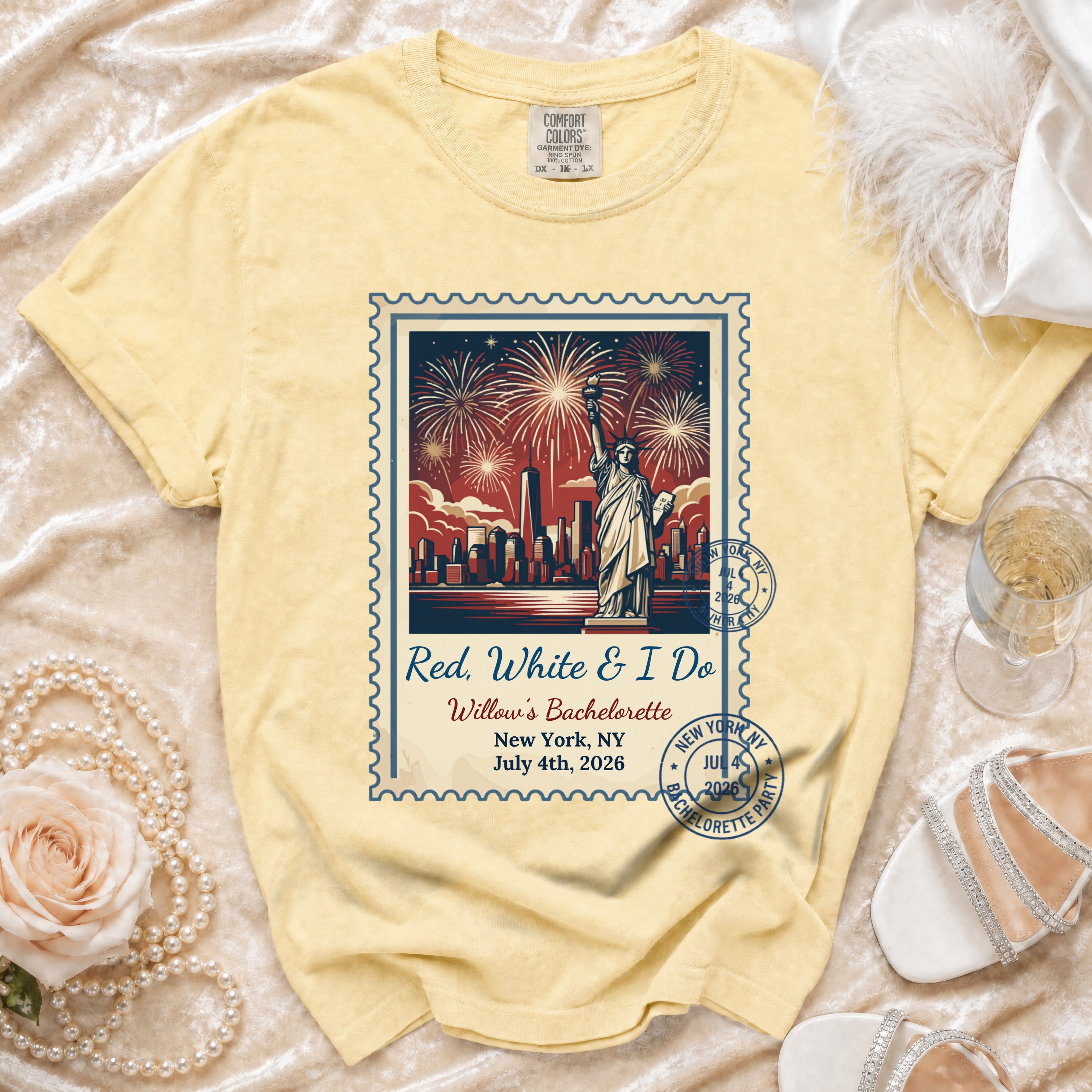 Yellow t-shirt with "Red, White & I Do" and Statue of Liberty graphic.
