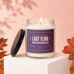 Bachelorette candle with "Last Fling Before the Ring" text, soy wax blend.