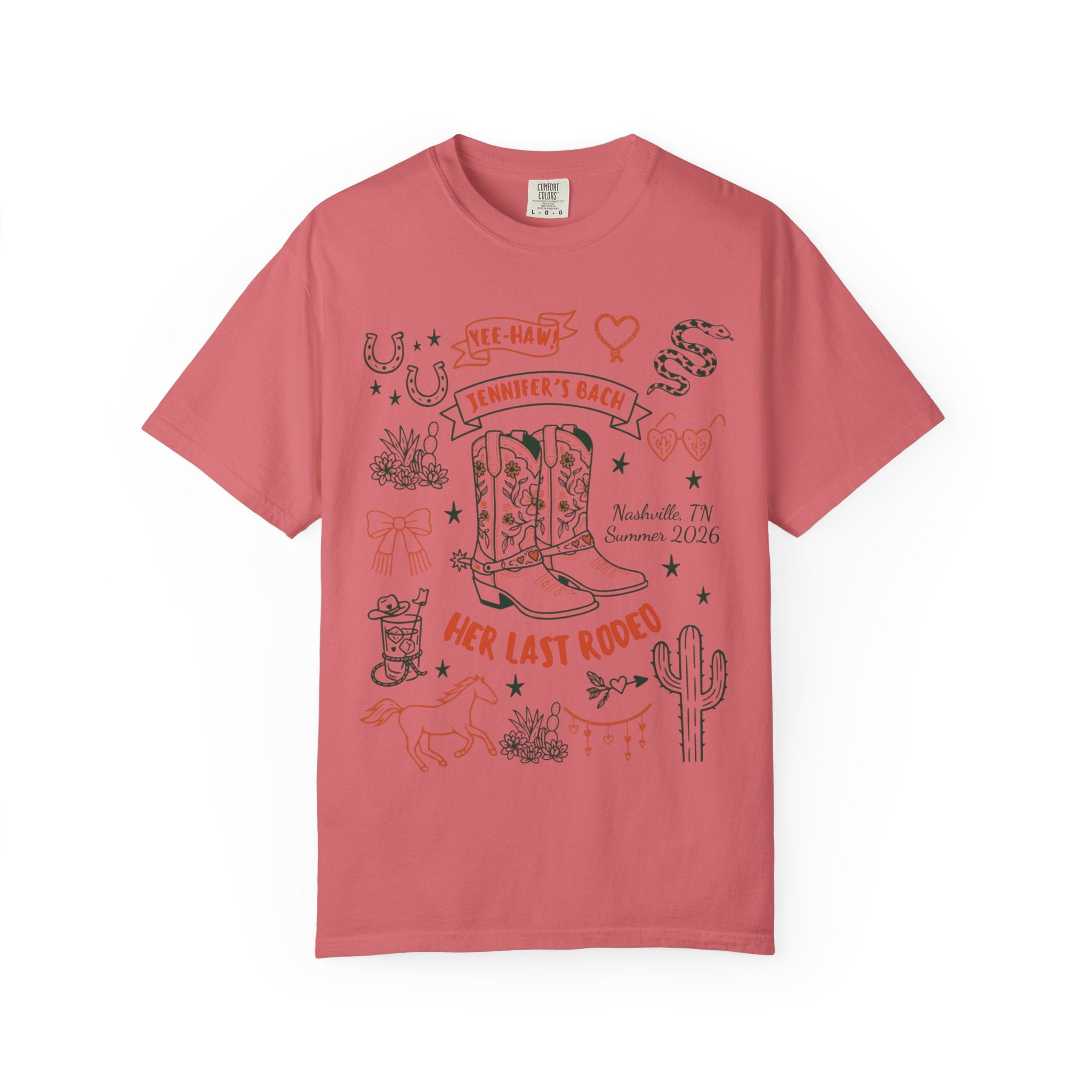 T-shirt with "Jennifer's Bach" and cowboy boot design, Nashville, TN Summer 2026.