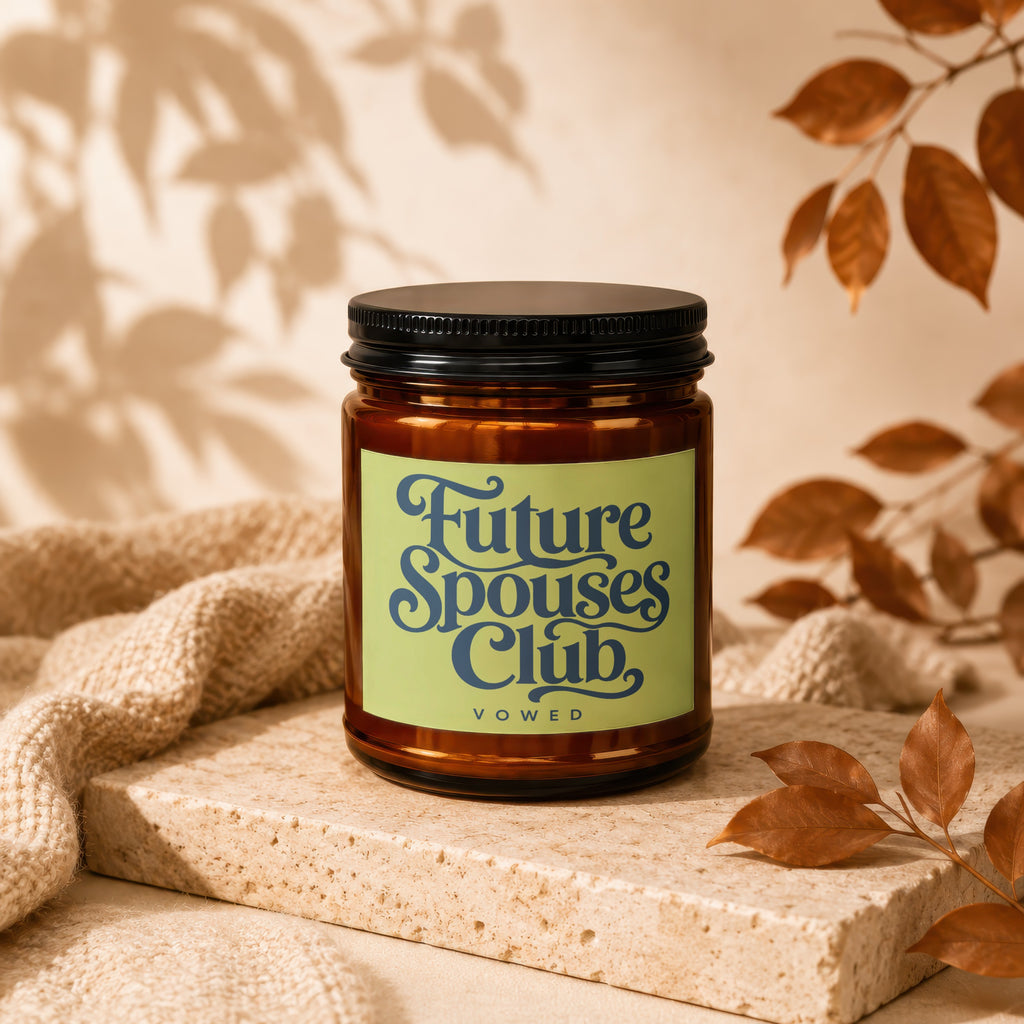 Amber candle with "Future Spouses Club vowed" text on a light green label.