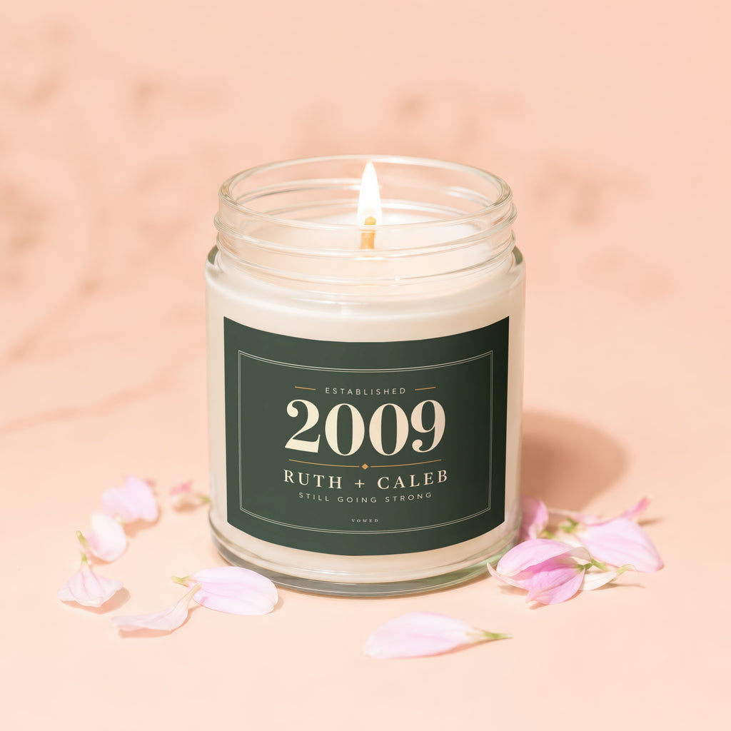 Jar candle with "Established 2009 Ruth + Caleb Still Going Strong" label.