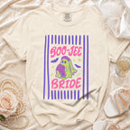Cream t-shirt with "Boo-Jee Bride" ghost graphic and purple border.