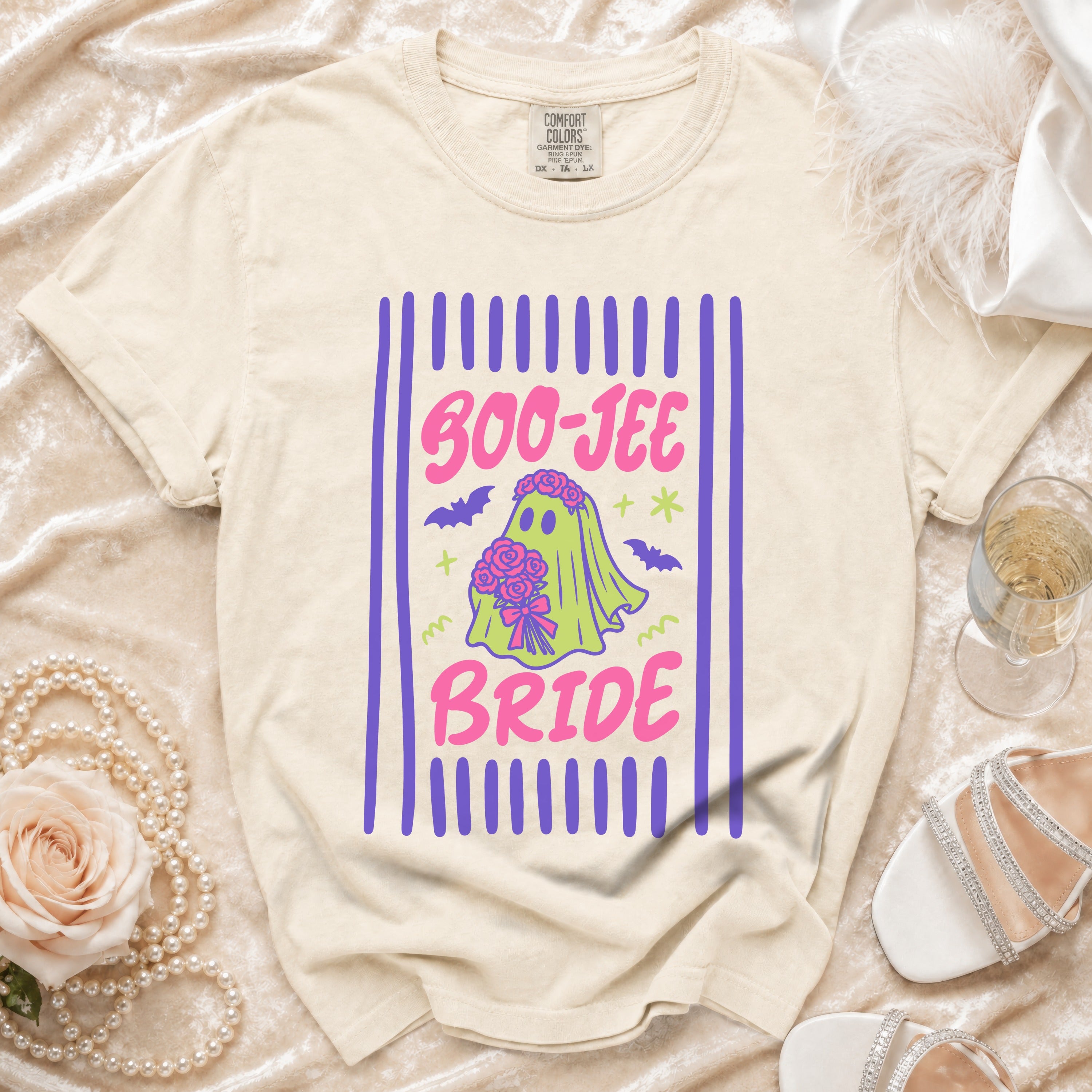 Cream t-shirt with "Boo-Jee Bride" ghost graphic and purple border.